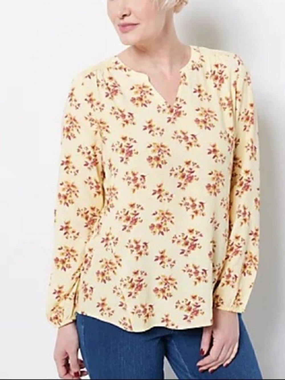 Denim & Co. Printed Woven Top with Crochet Trim